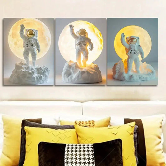 3pcs Astronauts on Moon Space Exploration Theme Metal Print Ready to Hang Art