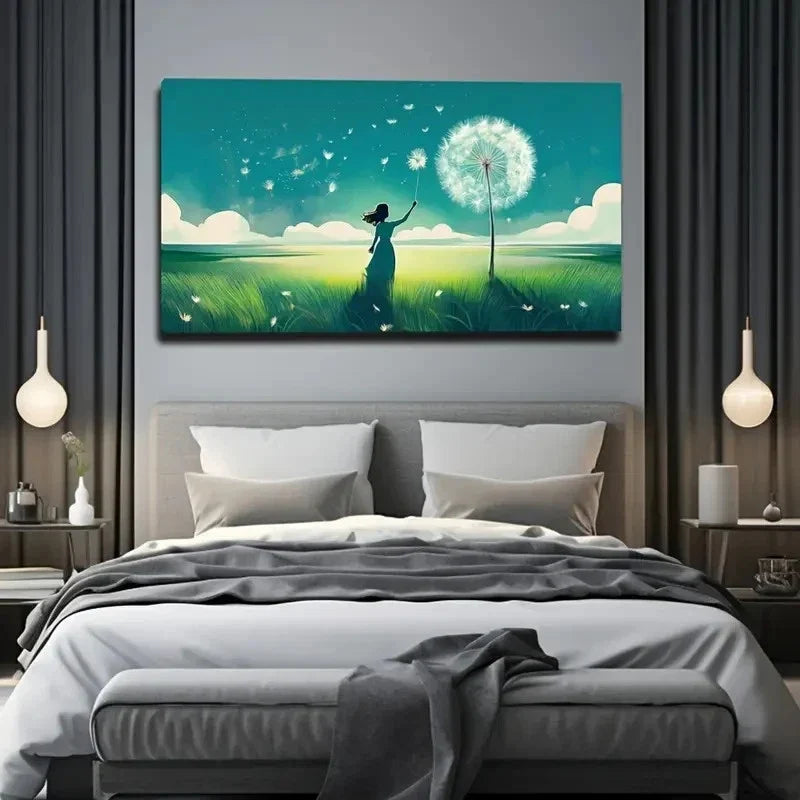 Vibrant Girl And Dandelion Wall Art Canvas Office Home Room Framed 80x45cm