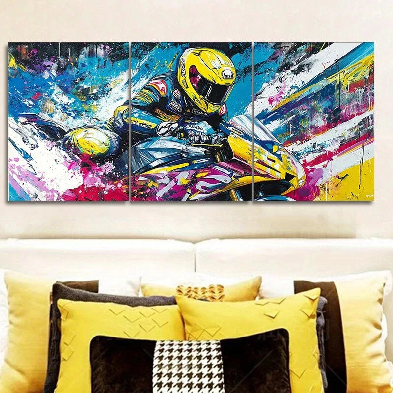 3pcs Superbike Motorcycle Rider Design Vibrant Metal Print Ready to Hang Art