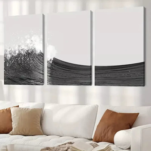 3pcs Black and White Ocean Waves Canvas Framed 40x60cm - High Quality Print 100% Australian Made Wall Canvas Ready to Hang
