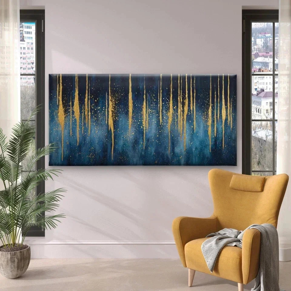 Blue & Golden Abstract Drip Wall Art Canvas Office Home Room Framed 80x45cm