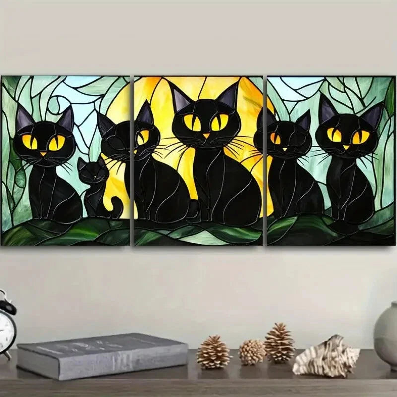 3pcs Black Cats Family Metal Print Ready to Hang Art