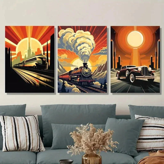 3pcs Vintage Cars & Trains, Retro Abstract Steam Metal Print Ready to Hang Art