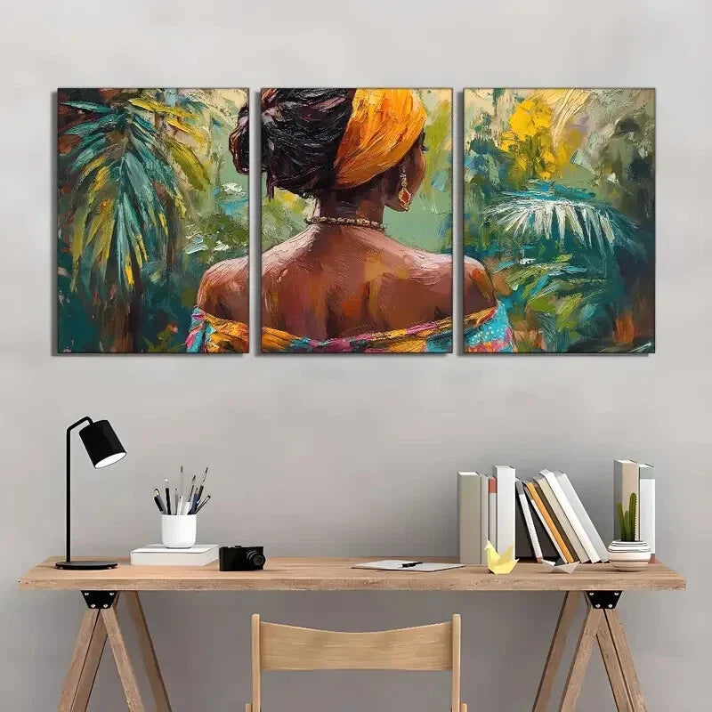 3pcs Ethnic Tropical Foliage Oil Painting Style Metal Print Ready to Hang Art