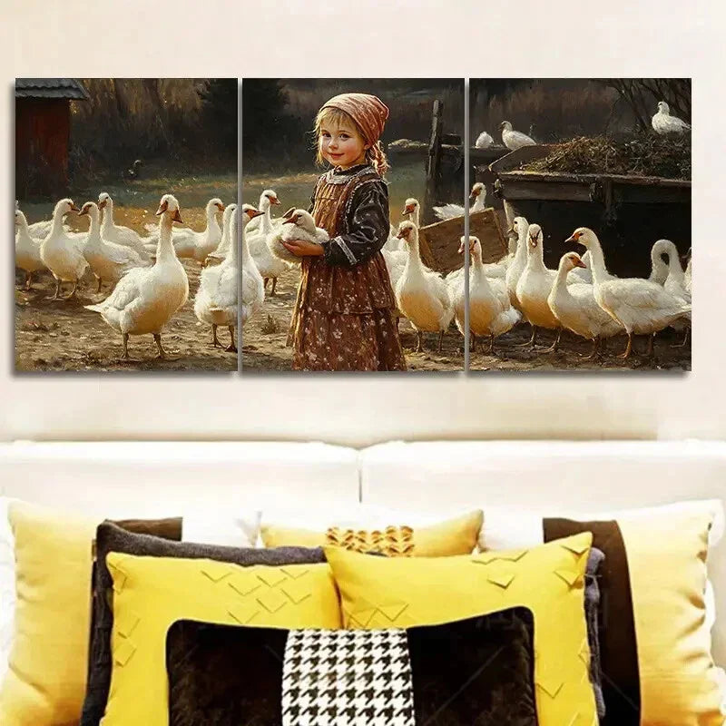 3pcs The girl feeds the animals on the farm Metal Print Ready to Hang Art
