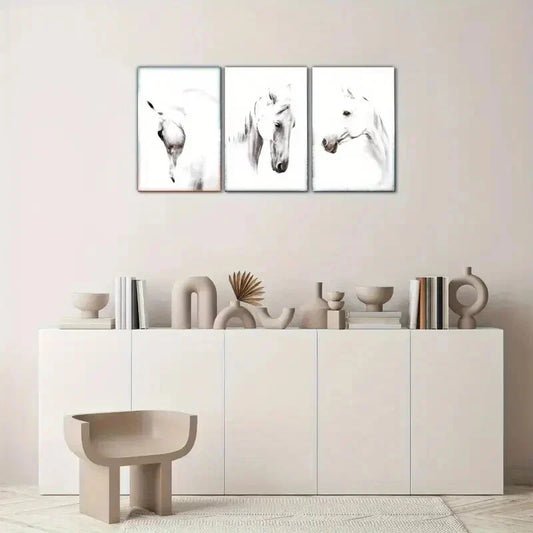 3pcs White Horse Decoration Poster Animal Art Metal Print Ready to Hang Art