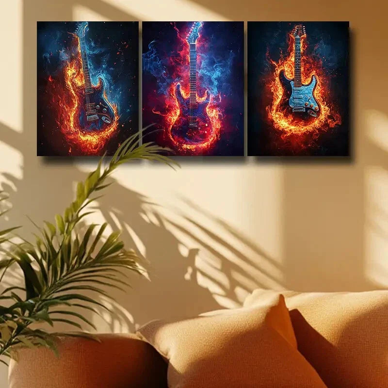 3pcs Vibrant Blue & Orange Electric Guitars Metal Print Ready to Hang Art