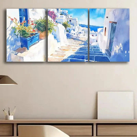3pcs Greek Island Scenes with Vibrant Blue & White Metal Print Ready to Hang Art