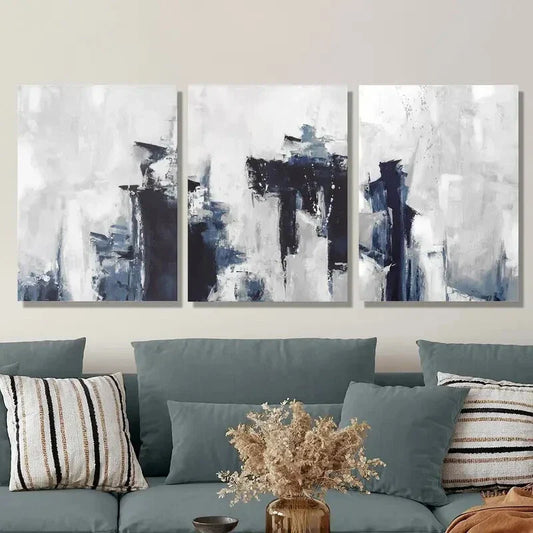 3pcs Abstract Blue and Gray Oil Painting Metal Print Ready to Hang Art