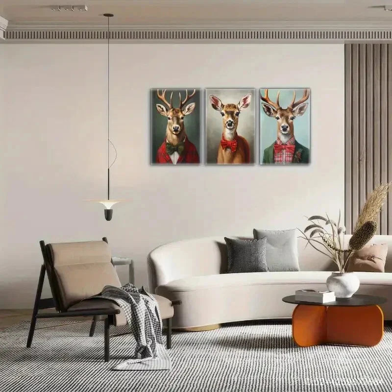 3pcs Reindeer Portrait in an Oil Painting Metal Print Ready to Hang Art