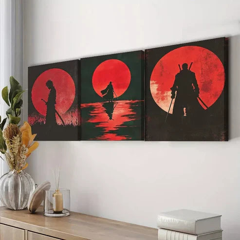 3pcs Samurai Red Moon Dark Background Lonely Wall Art Set Canvas Framed 60x90cm - High Quality Print 100% Australian Made Wall Canvas Ready to Hang