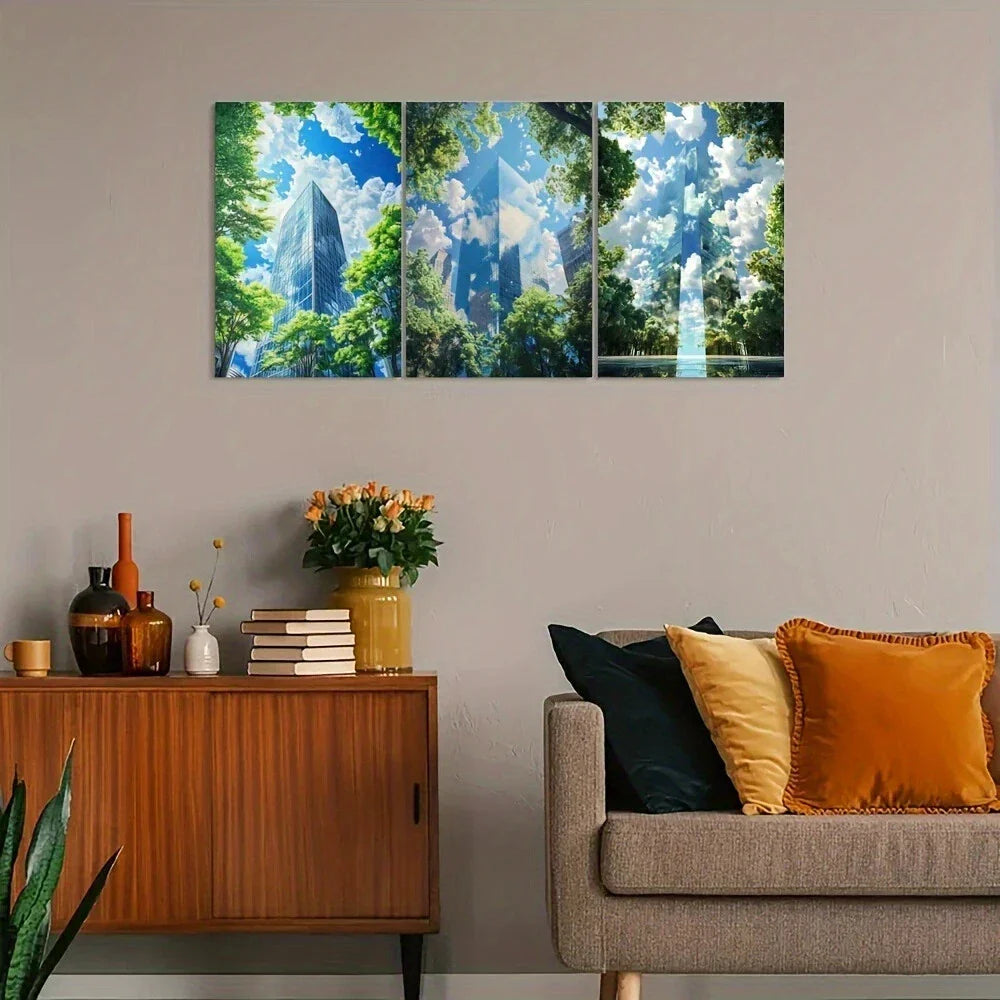 3pcs Building Standing in Open Green Space Metal Print Ready to Hang Art