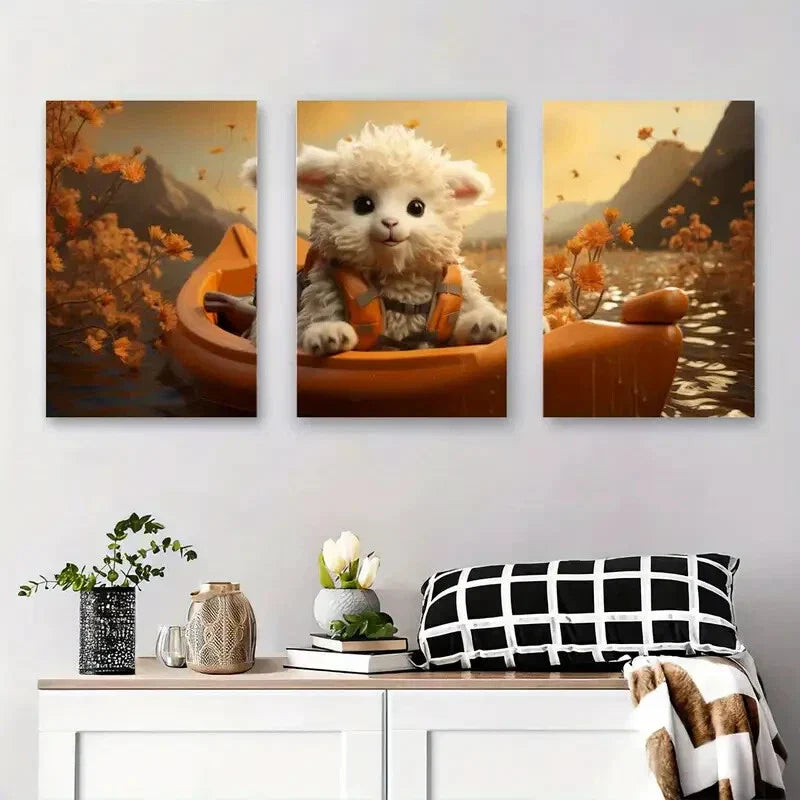 3pcs Whimsical Fall Foliage Scene with Orange Metal Print Ready to Hang Art