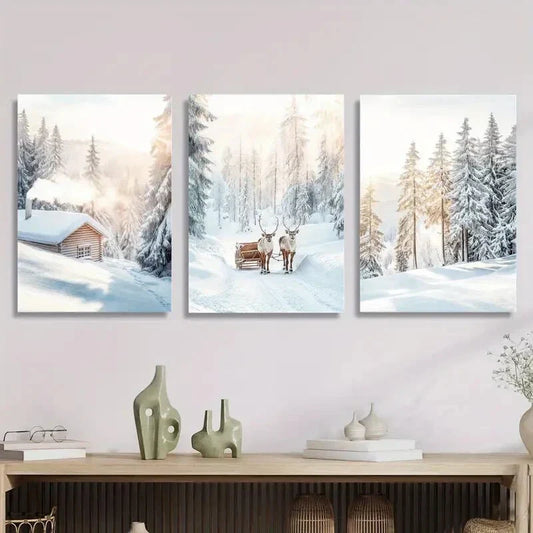 3pcs Snow Scene Christmas Elk, Nordic Metal Print Ready to Hang Art