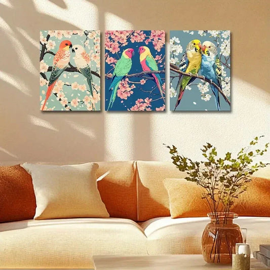 3pcs Two parrots with Florals Metal Print Ready to Hang Art