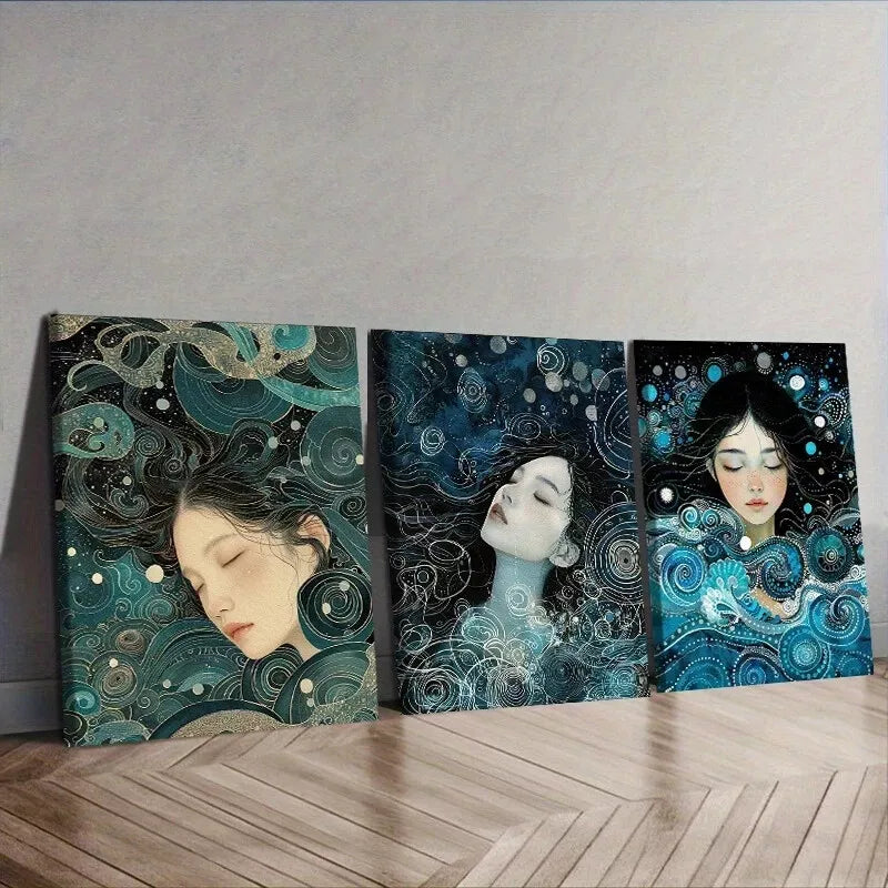 3pcs Sea Goddess Art Deco Blue Background Wall Art Set Canvas Framed 40x60cm - High Quality Print 100% Australian Made Wall Canvas Ready to Hang