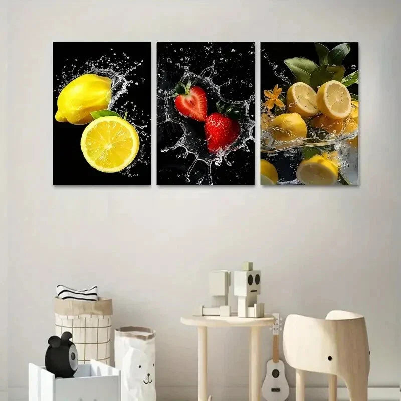 3pcs Fruit with Splash Water Metal Print Ready to Hang Art
