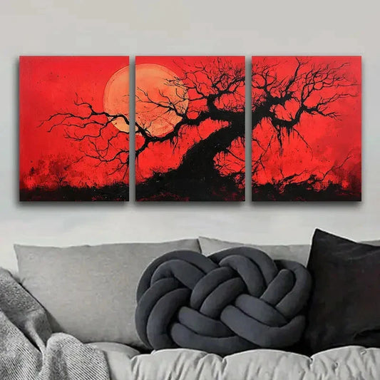 3pcs The Red Sun Tree, Luxurious Metal Print Ready to Hang Art