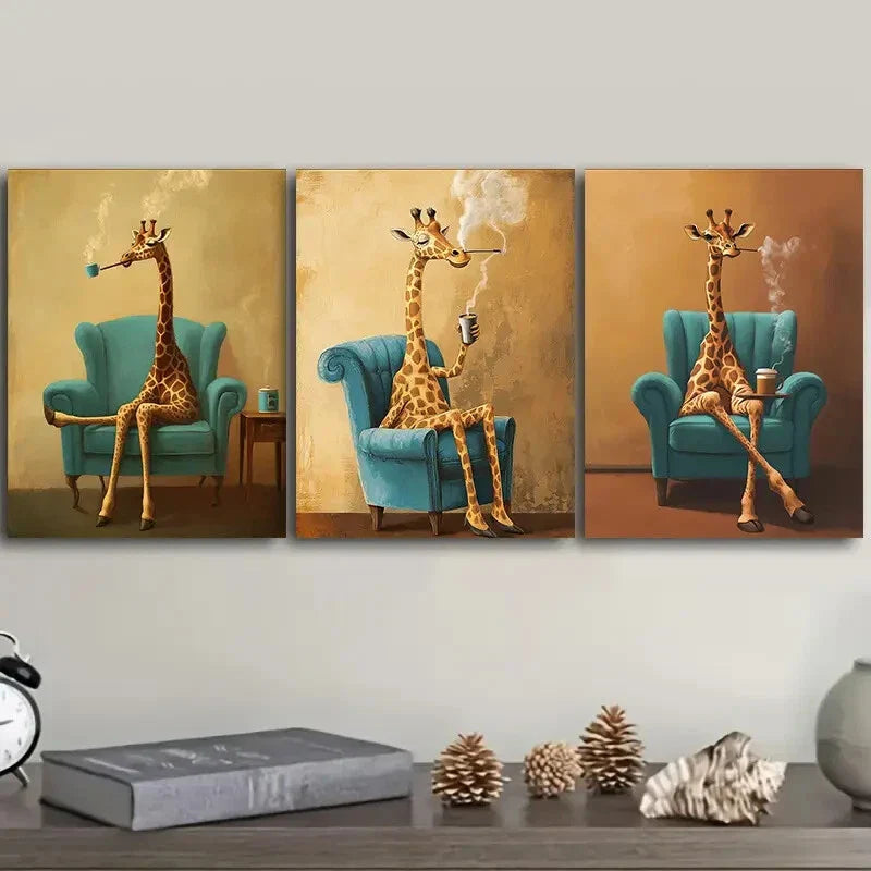 3pcs The giraffe is on the chair Wall Art Set Canvas Framed 40x60cm - High Quality Print 100% Australian Made Wall Canvas Ready to Hang
