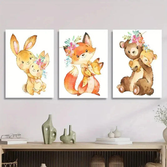3pcs Cartoon Bunny, Baby Fox & Bear, Metal Print Ready to Hang Art
