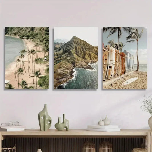 3pcs Mountain Surfing And Coastal Beach Scenes Metal Print Ready to Hang Art
