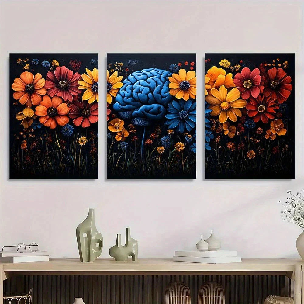 3pcs Floral Brain Painting Colourful Metal Print Ready to Hang Art