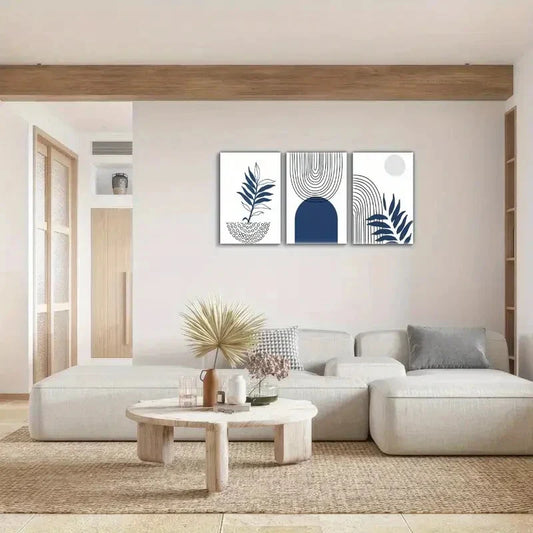 3pcs Abstract Blue Patterns & Leaf Designs Metal Print Ready to Hang Art