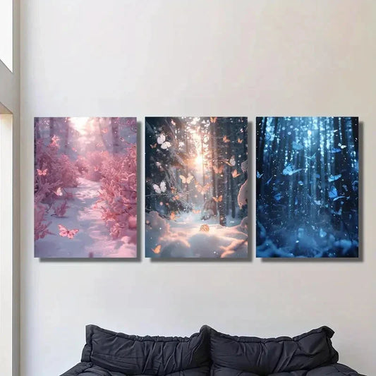 3pcs butterfly poster in the forest, blue and pink Metal Print Ready to Hang Art