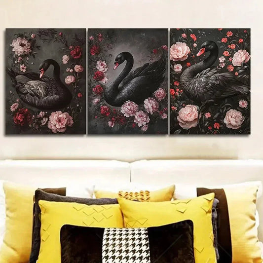 3pcs Very elegant black swan Metal Print Ready to Hang Art