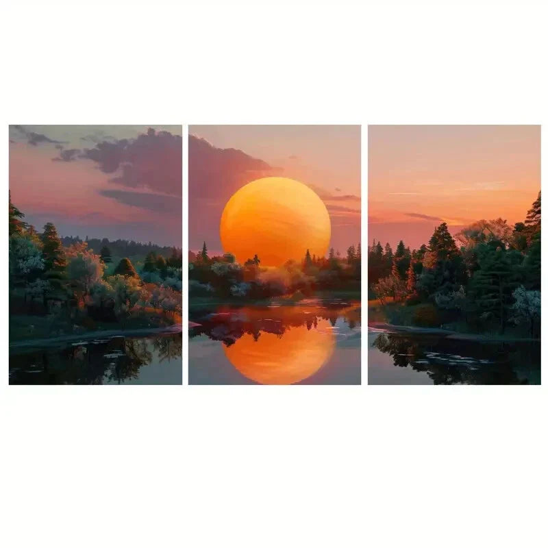 3pcs Vibrant Landscape with Serene Lake Metal Print Ready to Hang Art