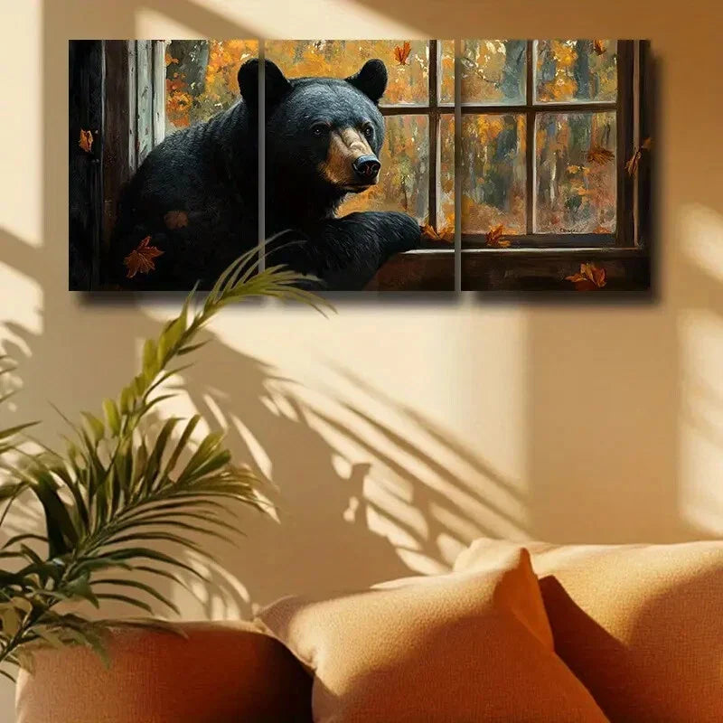 3pcs Autumn Bear by Window Scene Metal Print Ready to Hang Art