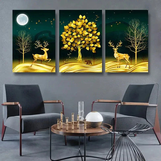 3pcs Golden Deer Tree Modern Nature Metal Print Ready to Hang Art