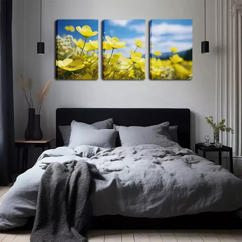 3pcs Blooming Small Yellow Flowers Wall Art Set Canvas Framed 40x60cm - High Quality Print 100% Australian Made Wall Canvas Ready to Hang