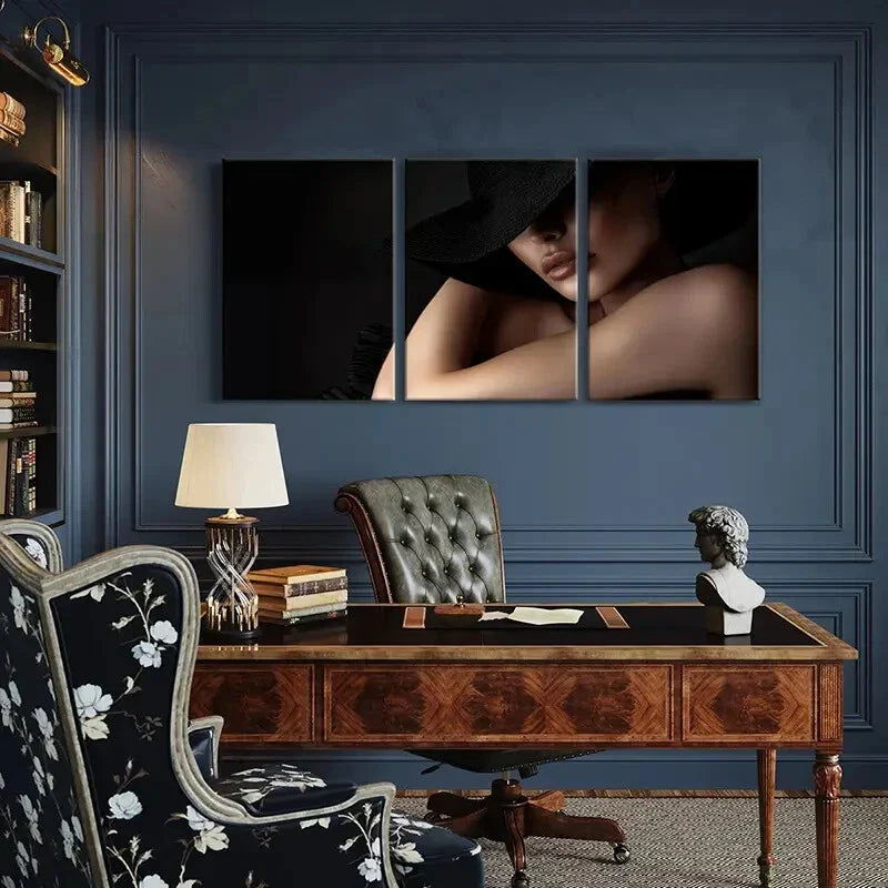 3pcs Elegant Woman, Black Hat, Mysterious Metal Print Ready to Hang Art