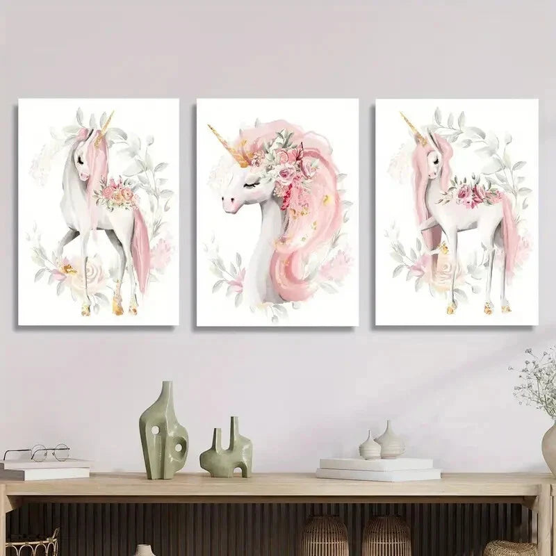 3pcs Watercolor Style Unicorn with Flowers Metal Print Ready to Hang Art