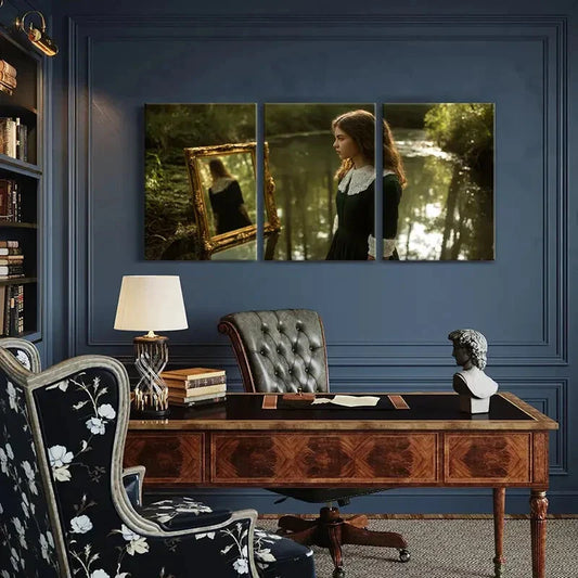 3pcs Woman Reflection Mirror Forest Scene Metal Print Ready to Hang Art