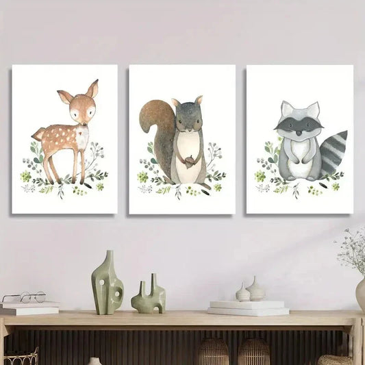 3pcs Cute baby deer squirrel raccoon watercolor Metal Print Ready to Hang Art