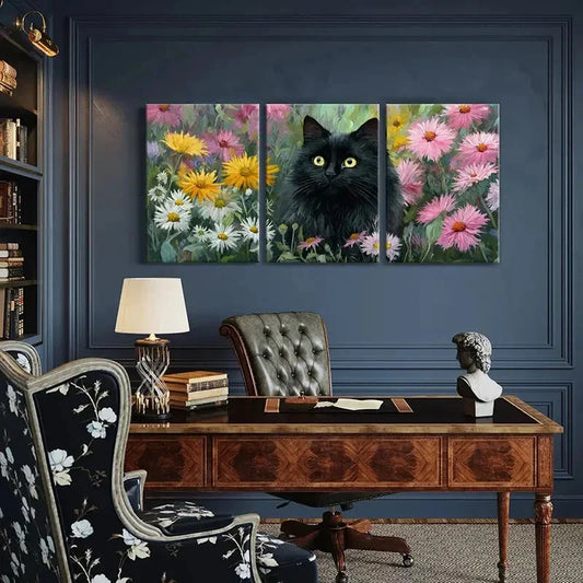 3pcs Black Cat Among Colorful Flowers Floral Metal Print Ready to Hang Art