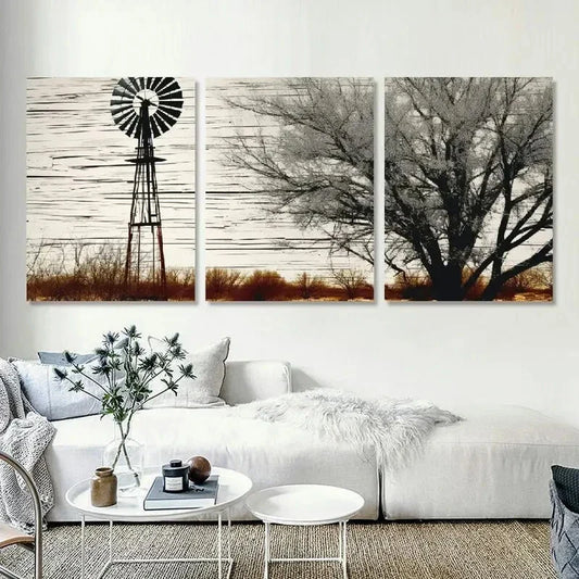 3pcs Rustic Windmill & Trees Canvas Wall Art Metal Print Ready to Hang Art