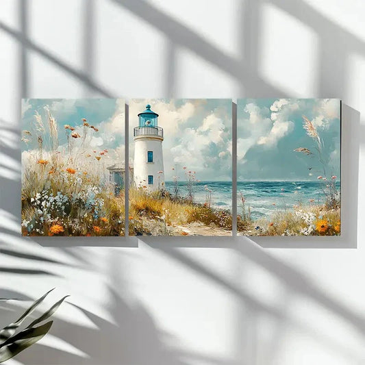 3pcs Coastal Lighthouse & Ocean Landscape Metal Print Ready to Hang Art