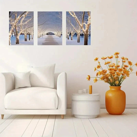 3pcs Winter Snowy Forest Scene Warm Fairy Lights Metal Print Ready to Hang Art
