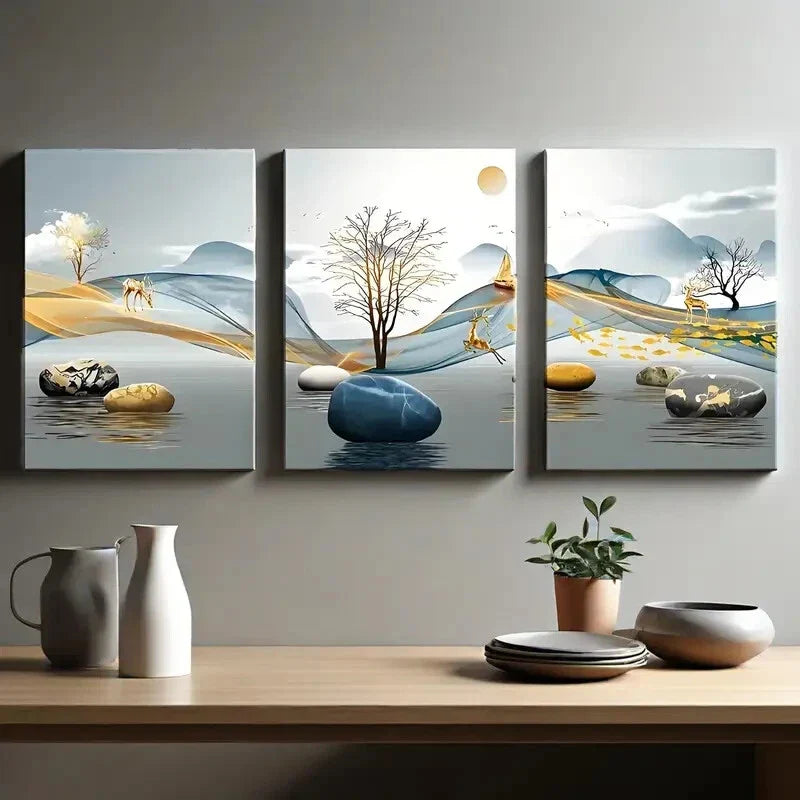 3pcs Abstract Geometric Landscape Elk Metal Print Ready to Hang Art