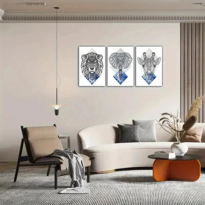 3pcs Totem Lion Elephant Giraffe Head Art Prints Metal Print Ready to Hang Art