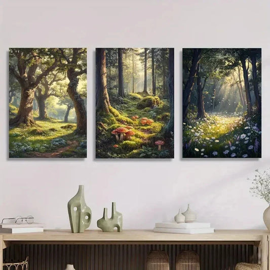 3pcs Magic forest, nature landscape, mushrooms, Metal Print Ready to Hang Art
