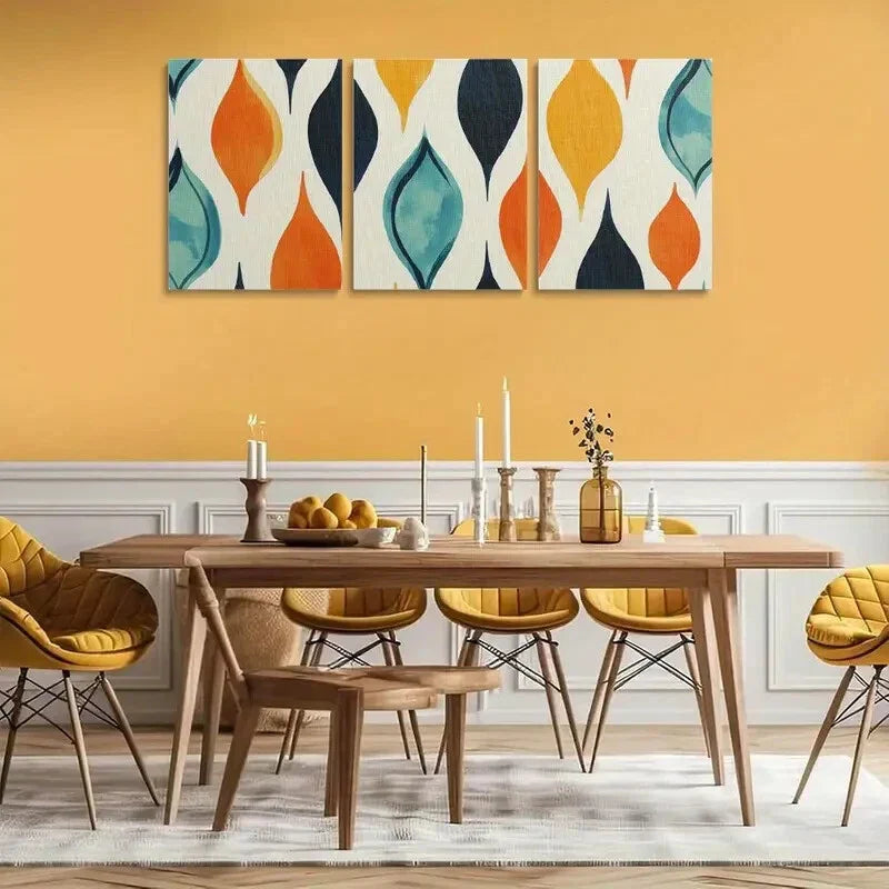 3pcs Large Teal, Orange & Black Geometric Metal Print Ready to Hang Art
