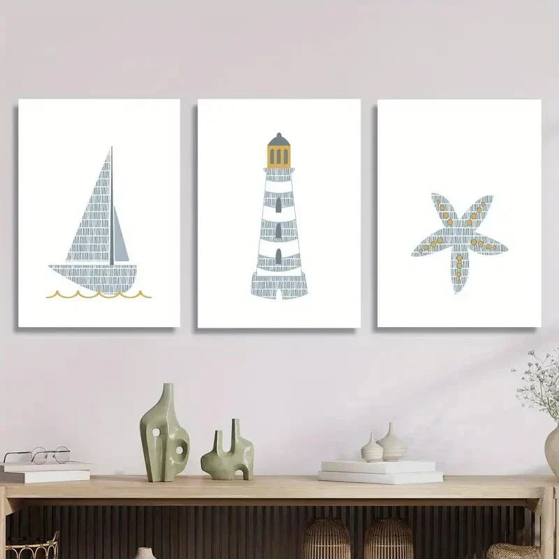 3pcs Cartoon watercolor sailing ship lighthouse Metal Print Ready to Hang Art