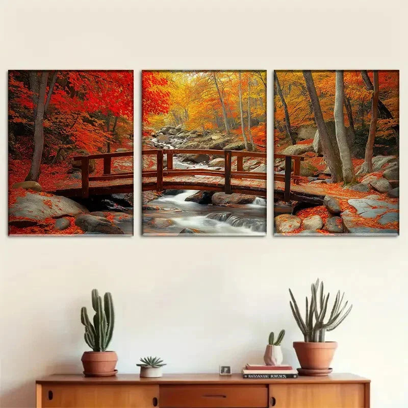 3pcs Red Leaves And Autumn Bridge Printing Poster Metal Print Ready to Hang Art