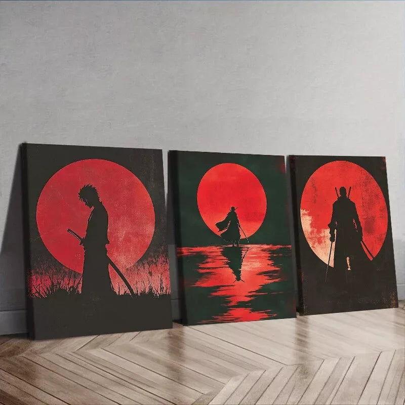 3pcs Samurai Red Moon Dark Background Lonely Wall Art Set Canvas Framed 40x60cm - High Quality Print 100% Australian Made Wall Canvas Ready to Hang