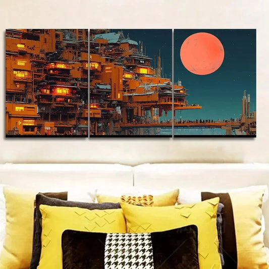 3pcs Depicting a Vibrant City Scene Wall Art Set Canvas Framed 40x60cm - High Quality Print 100% Australian Made Wall Canvas Ready to Hang