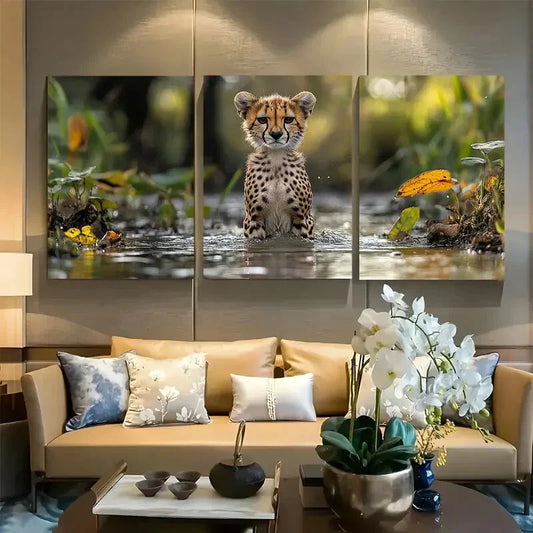 3pcs Youngsters Cheetah Standing In Water Metal Print Ready to Hang Art